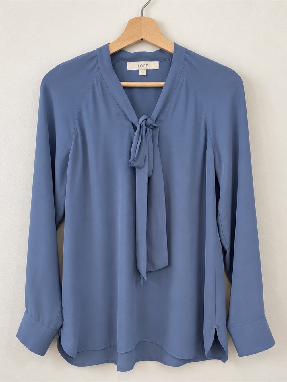 LOFT DUSTY BLUE TIE-NECK BLOUSE